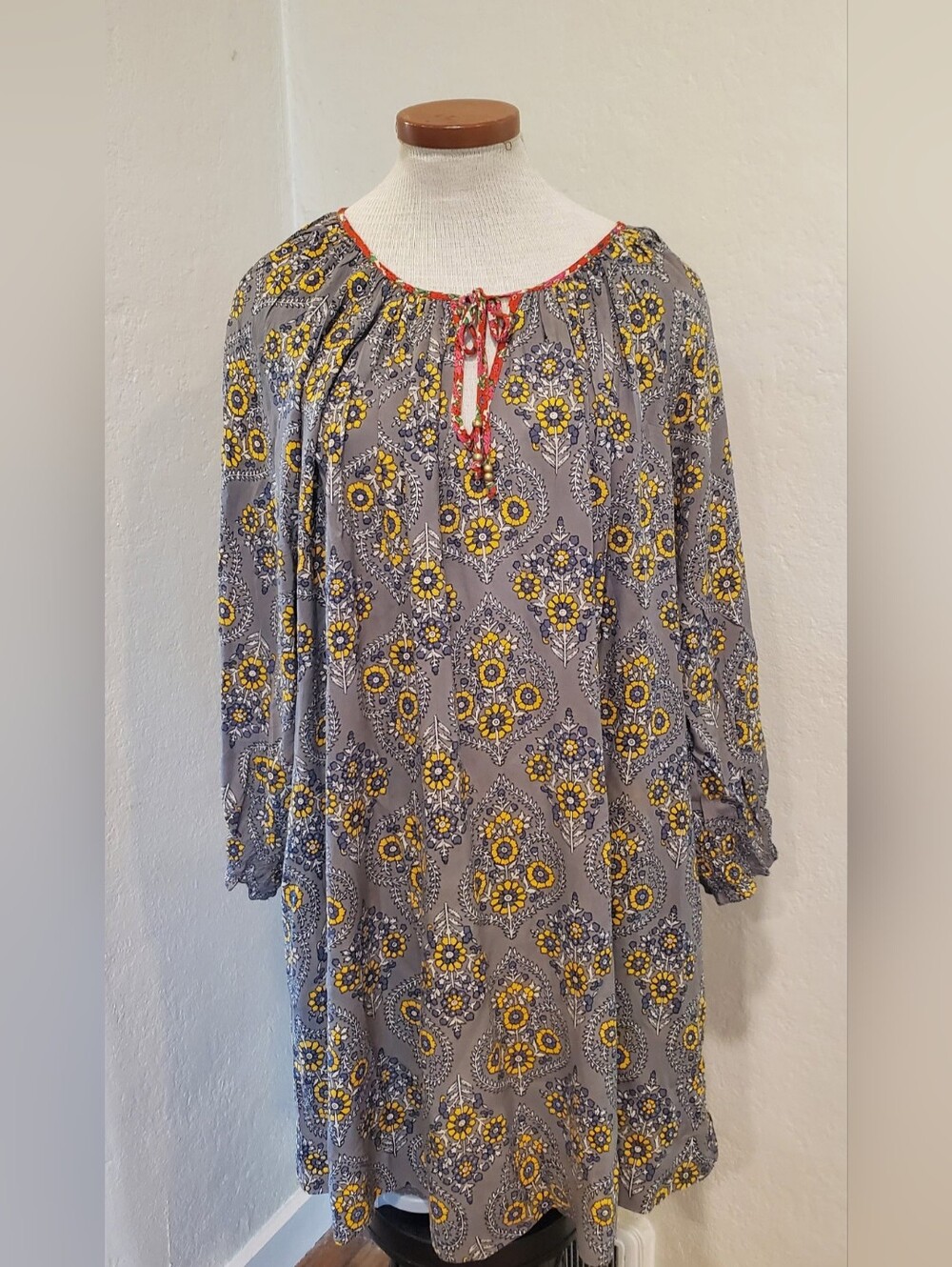 Natural Life Floral Paisley Boho Mini Dress XL Grey Yellow Rayon